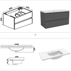 Ensemble meuble de salle de bain avec tiroirs 100cm, vasque céramique et LED miroir, anthracite