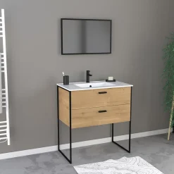 Ensemble meuble de salle de bain 80x45cm style industriel couleur chene naturel - vasque blanche