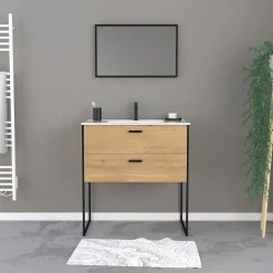 Ensemble meuble de salle de bain 80x45cm style industriel couleur chene naturel - vasque blanche