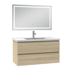 Ensemble meuble de salle de bain avec tiroirs 100cm, vasque céramique et LED miroir, chêne
