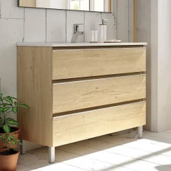Ensemble meuble de salle de bain 100cm simple vasque + colonne de rangement PALMA - bambou (chêne clair)