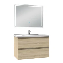Ensemble meuble de salle de bain 80cm, vasque céramique et LED miroir mural, chêne