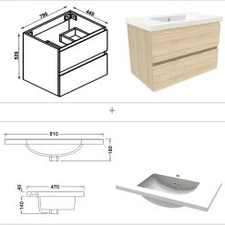 Ensemble meuble de salle de bains 80cm, vasque et colonne et LED miroir,chêne