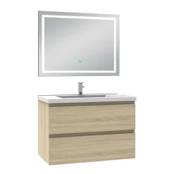 Ensemble meuble de salle de bain avec tiroirs 80cm, vasque céramique et LED miroir, chêne