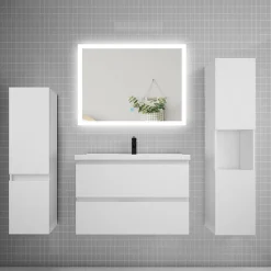 Ensemble meuble de salle de bains 80cm, simple vasque et colonne et LED miroir rectangulaire,blanc
