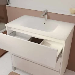 Ensemble Meuble de salle de bain blanc 80 cm sur pied 3 tiroirs + vasque ceramique blanche + miroir