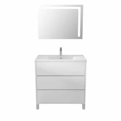 Ensemble Meuble de salle de bain blanc 80 cm sur pied 3 tiroirs + vasque ceramique blanche + miroir