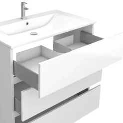Ensemble Meuble de salle de bain blanc 80 cm sur pied 3 tiroirs + vasque ceramique blanche + miroir