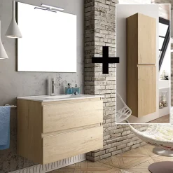 Ensemble meuble de salle de bain 80cm simple vasque + colonne de rangement - BALEA - bambou (chêne clair)