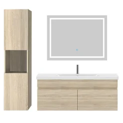 Ensemble meuble de salle de bain 100cm, vasque céramique + colonne + LED miroir, chêne