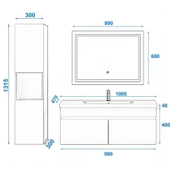 Ensemble meuble de salle de bain 100cm, vasque céramique + colonne + LED miroir, chêne