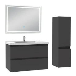 Ensemble meuble de salle de bain 80cm, vasque céramique + colonne + LED miroir rectangulaire, anthracite