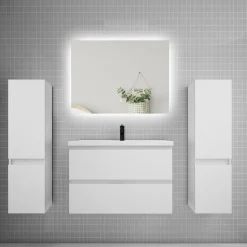 Ensemble meuble de salle de bain et lavabo blanc (L.80cm) 2 tiroirs + meuble haut x2 + lavabo + miroir LED