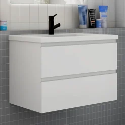 Ensemble meuble de salle de bain et lavabo blanc (L.80cm) 2 tiroirs + meuble haut x2 + lavabo + miroir LED