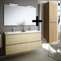 Ensemble meuble de salle de bain 140cm double vasque + colonne de rangement - BALEA - bambou (chêne clair)