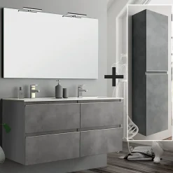 Ensemble meuble de salle de bain 120cm double vasque + colonne de rangement - BALEA - ciment (gris)