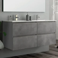 Ensemble meuble de salle de bain 120cm double vasque + colonne de rangement - BALEA - ciment (gris)