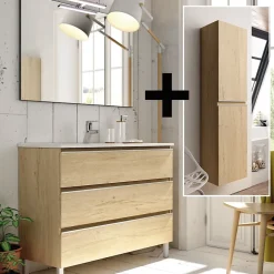 Ensemble meuble de salle de bain 70cm simple vasque + colonne de rangement PALMA - bambou (chêne clair)