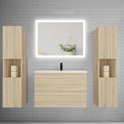 Ensemble meuble de salle de bains 80cm, simple vasque + colonne + LED miroir rectangulaire,chêne