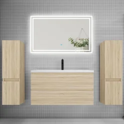 Ensemble meuble de salle de bains 100cm, simple vasque + colonne + LED miroir,chêne