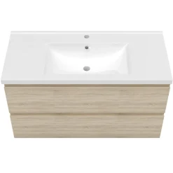 Ensemble meuble de salle de bains 100cm, simple vasque + colonne + LED miroir,chêne