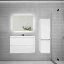 Ensemble meuble de salle de bain et lavabo blanc (L.80cm) 2 tiroirs + meuble haut + lavabo + miroir LED