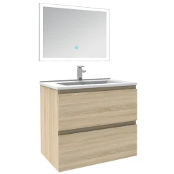 Ensemble meuble de salle de bain 60cm, vasque céramique et LED miroir rectangulaire, chêne