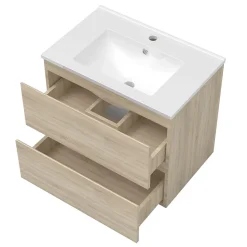Ensemble meuble de salle de bain 60cm, vasque céramique et LED miroir rectangulaire, chêne