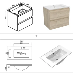 Ensemble meuble de salle de bain 60cm, vasque céramique et LED miroir rectangulaire, chêne