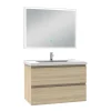 Ensemble meuble de salle de bain 80cm, vasque céramique et LED miroir rectangulaire, chêne