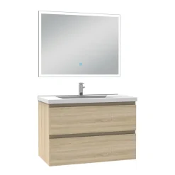 Ensemble meuble de salle de bain 80cm, vasque céramique et LED miroir rectangulaire, chêne