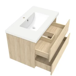 Ensemble meuble de salle de bain 80cm, vasque céramique et LED miroir rectangulaire, chêne