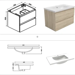 Ensemble meuble de salle de bain 80cm, vasque céramique et LED miroir rectangulaire, chêne