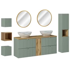 Ensemble meuble double vasque 140cm 4 tiroirs miroirs LED colonne et 3 armoires murales Jade Vert et Bois