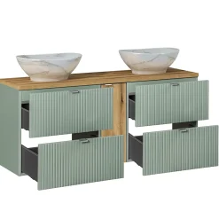 Ensemble meuble double vasque 140cm 4 tiroirs miroirs LED colonne et 3 armoires murales Jade Vert et Bois