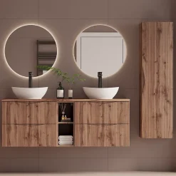 Ensemble meuble double vasque 140cm 2 niches et colonne Tao Bois