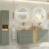 Ensemble meuble double vasque 140cm 4 tiroirs miroirs LED et colonne Jade Vert et Bois