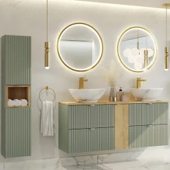 Ensemble meuble double vasque 140cm 4 tiroirs miroirs LED et colonne Jade Vert et Bois