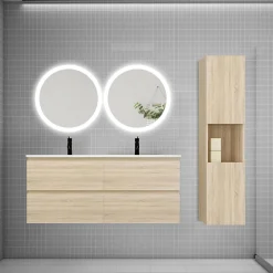Ensemble meuble double vasque L.120cm 4 tiroirs + lavabo + 2 LED miroirs rond 60cm + colonne C,chêne.easy