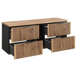 Ensemble meuble double vasque 140cm 2 niches miroirs LED colonne et 3 armoires murales Gaia Bois et Noir - Vasque Noir