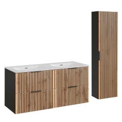 Ensemble meuble double vasque encastree 120cm et colonne Gaia Bois