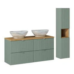 Ensemble meuble double vasque 120cm 4 tiroirs et colonne Jade Vert et Bois
