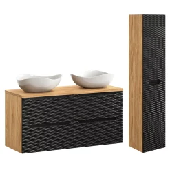 Ensemble meuble double vasque 120cm 4 tiroirs et colonne Elora Noir et bois Cloud
