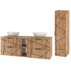 Ensemble meuble double vasque 140cm 2 niches et colonne Teren Bois
