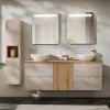 Ensemble meuble double vasque 160cm 4 tiroirs panier à linge miroirs LED et colonne Manoa Cachemire et Bois