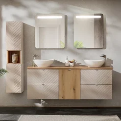 Ensemble meuble double vasque 160cm 4 tiroirs panier à linge miroirs LED et colonne Manoa Cachemire et Bois