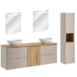 Ensemble meuble double vasque 160cm 4 tiroirs panier à linge miroirs LED et colonne Manoa Cachemire et Bois