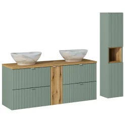 Ensemble meuble double vasque 140cm 4 tiroirs et colonne Jade Vert et Bois