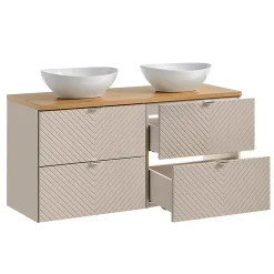 Ensemble meuble double vasque 120cm 4 tiroirs miroirs LED colonne et 3 armoires murales Manoa Cachemire et Bois