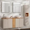 Ensemble meuble double vasque 140cm 5 portes miroirs LED et colonne Manoa Cachemire et Bois